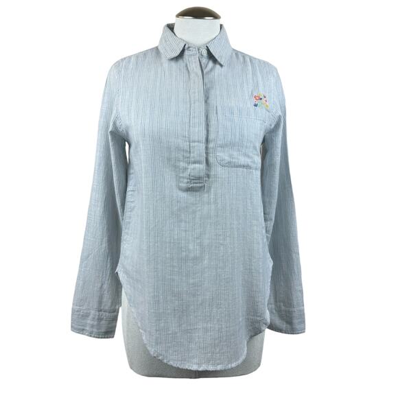 Marine Layer Tops - Women's Marine Layer Blue Greta Popover Stripe Embroidered Cotton Shirt sz XS